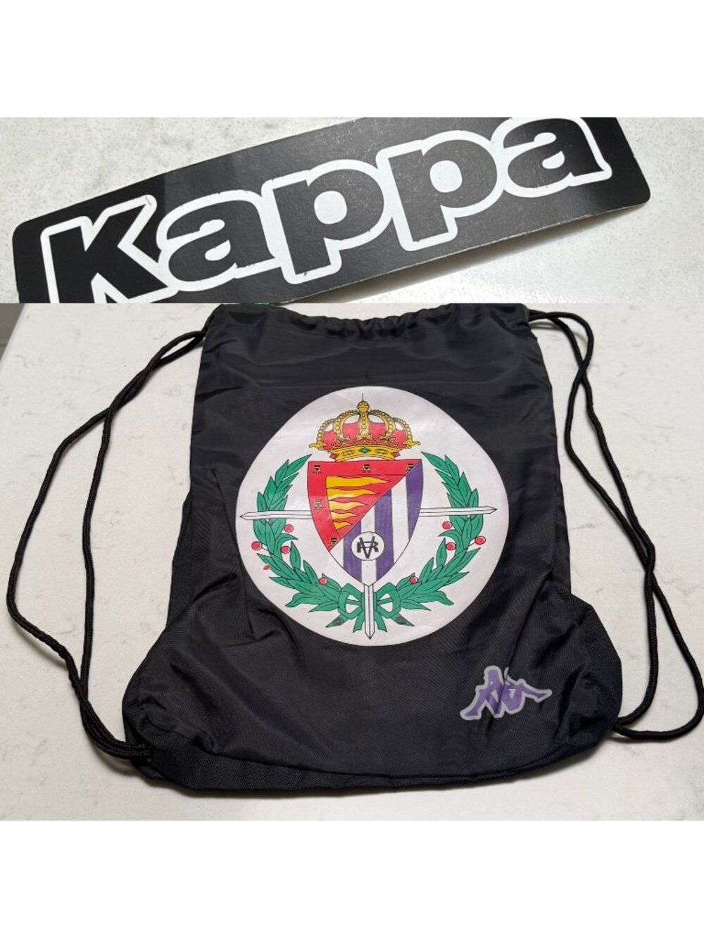 Kappa Real Valladolid Drawstring Bag Black Polyester Soccer Gym Backpack Gear